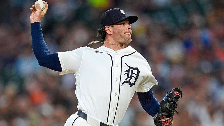 Tigers pitcher Kyle Finnegan (67) throws against the Cleveland Guardians during the seventh inning at Comerica Park. Tigers pitcher Kyle Finnegan (67) throws against the Cleveland Guardians during the seventh inning at Comerica Park.