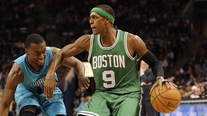 Dec 10, 2014; Charlotte, NC, USA; Boston Celtics guard Rajon Rondo (9) drives against Charlotte