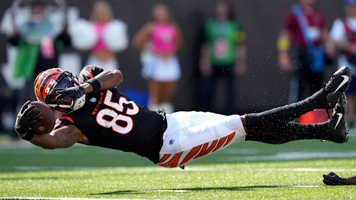 Tee Higgins stretches for extra yards after a catch