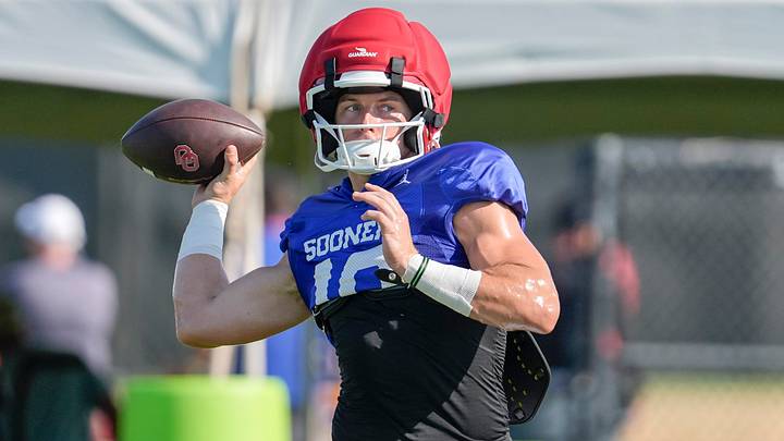 Oklahoma quarterback John Mateer drops back to pass during one of the Sooners' fall practices. Oklahoma quarterback John Mateer drops back to pass during one of the Sooners' fall practices.