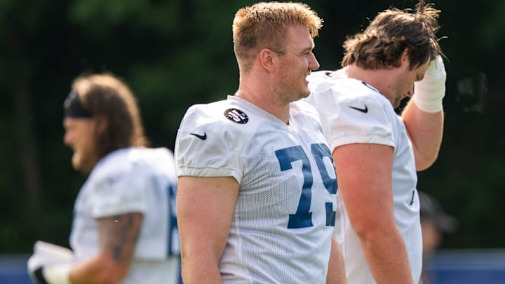 Indianapolis Colts offensive tackle Bernhard Raimann (79) warms up Friday, July 25, 2025, ahead of training camp held at Grand Park in Westfield. Indianapolis Colts offensive tackle Bernhard Raimann (79) warms up Friday, July 25, 2025, ahead of training camp held at Grand Park in Westfield.