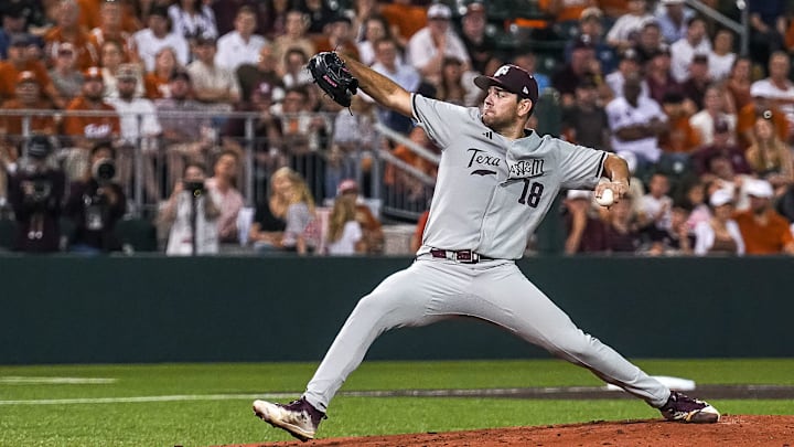 Texas A&M pitcher Ryan Prager (18) throws a pitch during the Lone Star Showdown against Texas at UFCU Disch-Falk Field on Friday, April 25, 2025. Texas A&M pitcher Ryan Prager (18) throws a pitch during the Lone Star Showdown against Texas at UFCU Disch-Falk Field on Friday, April 25, 2025.