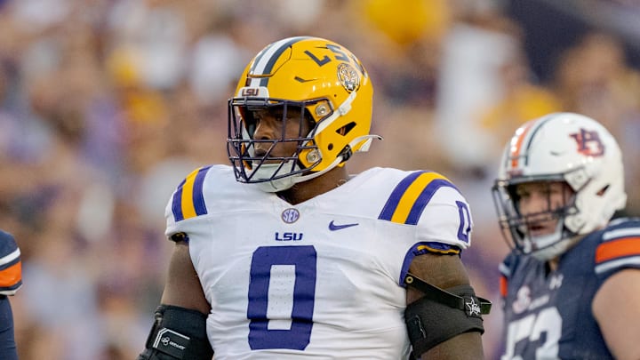 Oct 14, 2023; Baton Rouge, Louisiana, USA; LSU Tigers defensive tackle Maason Smith (0) lines up