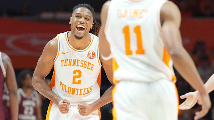 Tennessee's Chaz Lanier (2) celebrates Tennessee's Jordan Gainey’s (11) basket during a men’s college basketball game between Tennessee and South Carolina at Thompson-Boling Arena at Food City Center, Saturday, March 8, 2025.