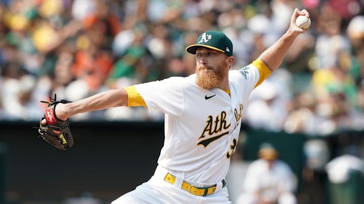 Aug 21, 2021; Oakland, California, USA; Oakland Athletics relief pitcher Jake Diekman (35) throws a pitch during the eighth inning against the San Francisco Giants at RingCentral Coliseum. Mandatory Credit: Darren Yamashita-Imagn Images