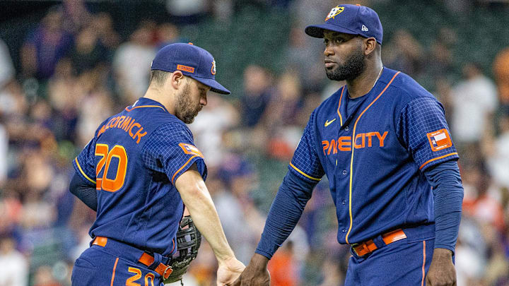 Aug 21, 2023; Houston, Texas, USA; Houston Astros left fielder Chas McCormick (20) and designated hitter Yordan Alvarez (44) celebrate the win after defeating the Boston Red Sox at Minute Maid Park
