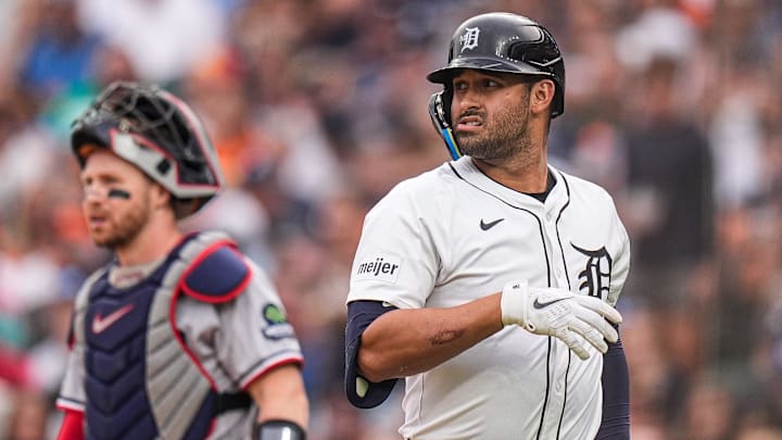 Detroit Tigers designated hitter Riley Greene (31) reacts after strike out against Minnesota Twins during the fifth inning at Comerica Park in Detroit in Monday, August 4, 2025. Detroit Tigers designated hitter Riley Greene (31) reacts after strike out against Minnesota Twins during the fifth inning at Comerica Park in Detroit in Monday, August 4, 2025.
