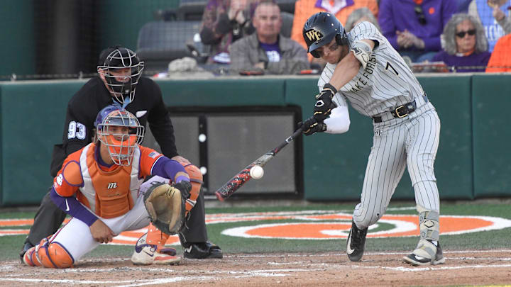Wake Forest University junior Marek Houston (7) bats against Clemson during the top of the third inning at Doug Kingsmore Stadium in Clemson, S.C. Friday, March 21, 2025. Wake Forest University junior Marek Houston (7) bats against Clemson during the top of the third inning at Doug Kingsmore Stadium in Clemson, S.C. Friday, March 21, 2025.
