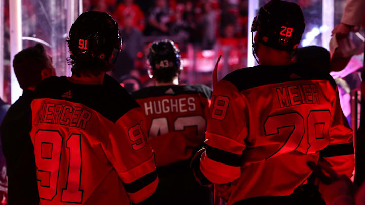 New Jersey Devils center Dawson Mercer, defenseman Luke Hughes, and Timo Meier before the game.