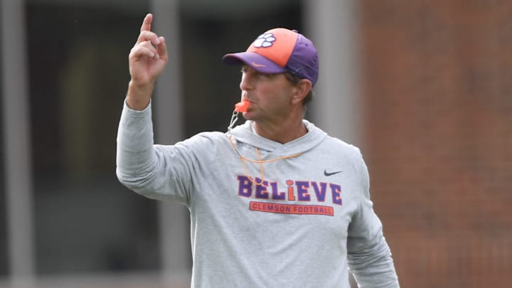 Clemson head coach Dabo Swinney during Spring Practice in Clemson, S.C. Monday, March 24, 2025.