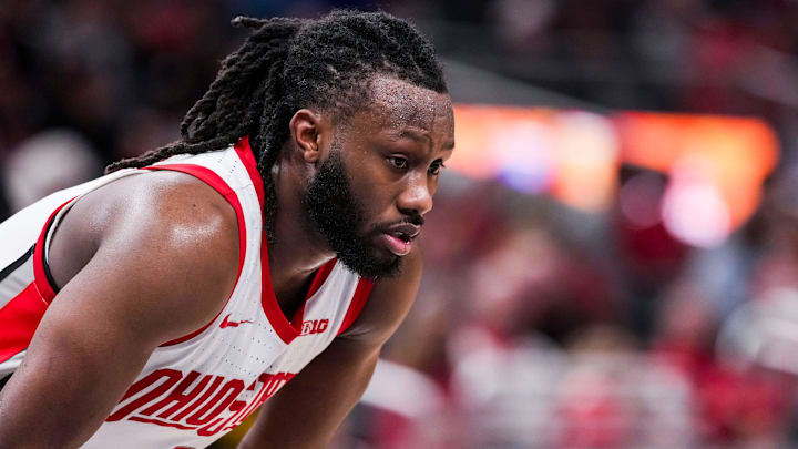 Ohio State Buckeyes guard Bruce Thornton (2) looks down during a free throw Wednesday, March 12, 2025, in a first round game at the 2025 TIAA Big Ten Men’s Basketball Tournament between the Iowa Hawkeyes and the Ohio State Buckeyes at Gainbridge Fieldhouse in Indianapolis. The Hawkeyes defeated the Buckeyes, 77-70.