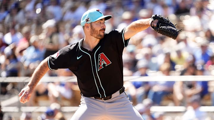 Arizona Diamondbacks John Curtiss throws to the Los Angeles Dodgers in the first inning during a spring training game at Camelback Ranch-Glendale in Phoenix on March 10, 2025.