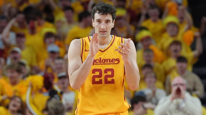 Iowa State Cyclones forward Milan Momcilovic (22) reacts after a three-point shot against Houston during the first half in the3 Big-12 men’s basketball at Hilton Coliseum on Feb. 16, 2026, in Ames, Iowa