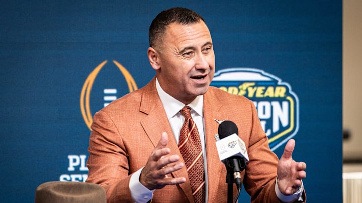 Texas Longhorns Head Coach Steve Sarkisian speaks during the Coaches' Press Conference at AT&T Stadium, Jan. 9, 2024. Both coaches answered questions from the media during the conference, and will face each other in the Cotton Bowl College Football Playoff semi-final game on Friday. Texas Longhorns Head Coach Steve Sarkisian speaks during the Coaches' Press Conference at AT&T Stadium, Jan. 9, 2024. Both coaches answered questions from the media during the conference, and will face each other in the Cotton Bowl College Football Playoff semi-final game on Friday.