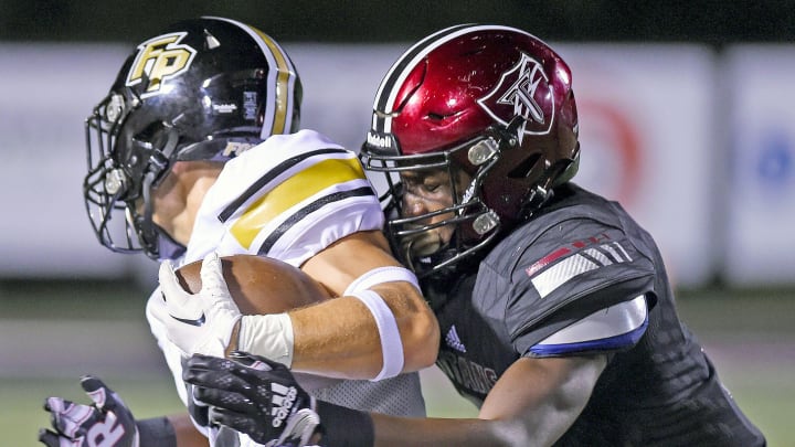 Ft. Payne  s Nolan Fowler makes a catch as Gadsden City  s Zyan Gibson defends during high school football action in Gadsden, Alabama September 15, 2023. (Dave Hyatt: The Gadsden Times)