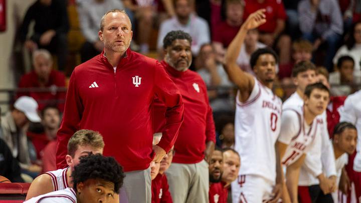 Indiana Head Coach Darian DeVries during the Indiana versus Marian men's basketball game at Simon Skjodt Assembly Hall on Friday, Oct. 17, 2025.