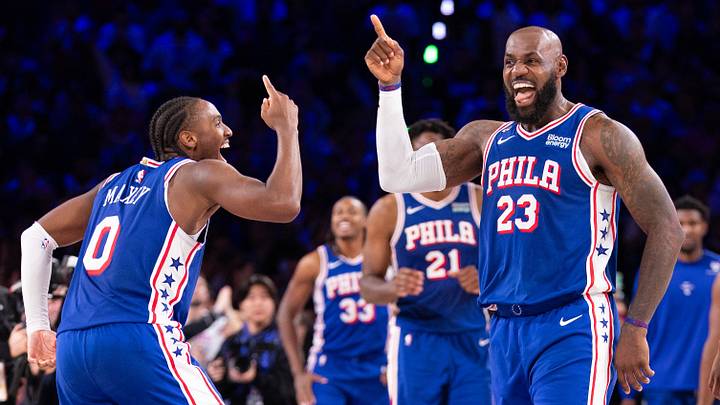 Oct 22, 2026; Philadelphia, Pennsylvania, USA; Philadelphia 76ers forward LeBron James (23) and Tyrese Maxey celebrate after a score against the Cleveland Cavaliers during the fourth quarter at Xfinity Mobile Arena. Mandatory Credit: Bill Streicher-Imagn Images Oct 22, 2026; Philadelphia, Pennsylvania, USA; Philadelphia 76ers forward LeBron James (23) and Tyrese Maxey celebrate after a score against the Cleveland Cavaliers during the fourth quarter at Xfinity Mobile Arena. Mandatory Credit: Bill Streicher-Imagn Images
