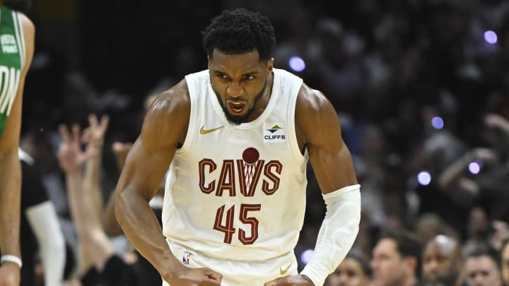 May 11, 2024; Cleveland, Ohio, USA; Cleveland Cavaliers guard Donovan Mitchell (45) reacts in the second quarter of game three of the second round of the 2024 NBA playoffs against the Boston Celtics at Rocket Mortgage FieldHouse. Mandatory Credit: David Richard-USA TODAY Sports