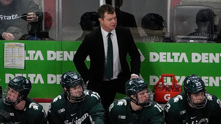 Michigan State head coach Adam Nightingale watches a play against Michigan during the first period of Duel in the D at Little Caesars Arena in Detroit on Saturday, Feb. 8, 2025. Michigan State head coach Adam Nightingale watches a play against Michigan during the first period of Duel in the D at Little Caesars Arena in Detroit on Saturday, Feb. 8, 2025.