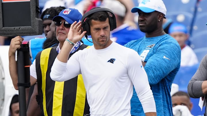 Aug 24, 2024; Orchard Park, New York, USA; Carolina Panthers head coach Dave Canales on the sidelines during the second half against the Buffalo Bills at Highmark Stadium. Mandatory Credit: Gregory Fisher-Imagn Images