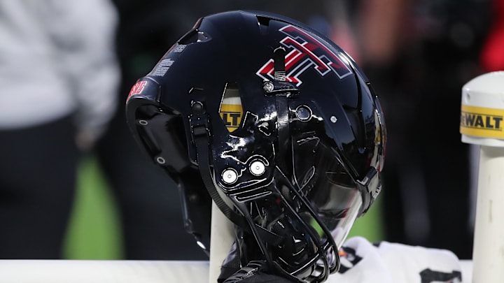 A Texas Tech Red Raiders helmet on the bench. Mandatory Credit: Michael C. Johnson-Imagn Images