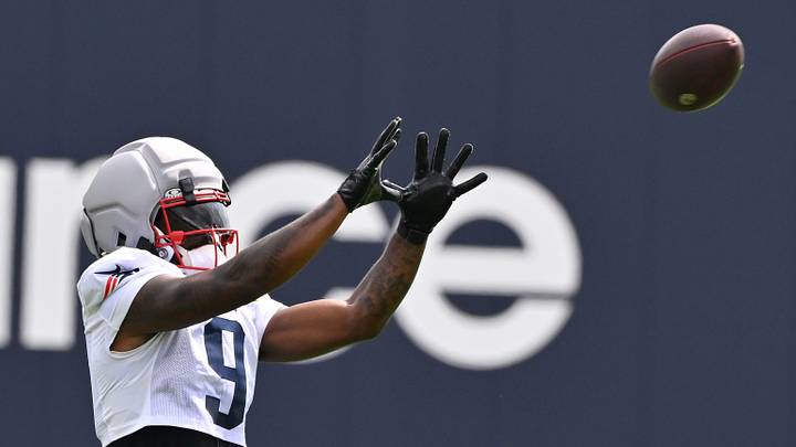 Jul 28, 2026; Foxborough, MA, USA; New England Patriots wide receiver Kayshon Boutte (9) makes a catch during training camp at Gillette Stadium. Mandatory Credit: Eric Canha-Imagn Images Jul 28, 2026; Foxborough, MA, USA; New England Patriots wide receiver Kayshon Boutte (9) makes a catch during training camp at Gillette Stadium. Mandatory Credit: Eric Canha-Imagn Images