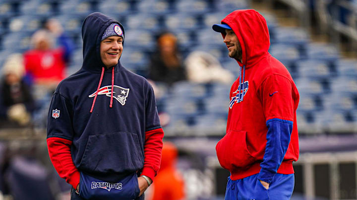 Jan 5, 2025; Foxborough, Massachusetts, USA; Buffalo Bills quarterback Josh Allen (17) and New England Patriots quarterback Drake Maye (10) talk on the field before the start of the game at Gillette Stadium. Mandatory Credit: David Butler II-Imagn Images Jan 5, 2025; Foxborough, Massachusetts, USA; Buffalo Bills quarterback Josh Allen (17) and New England Patriots quarterback Drake Maye (10) talk on the field before the start of the game at Gillette Stadium. Mandatory Credit: David Butler II-Imagn Images