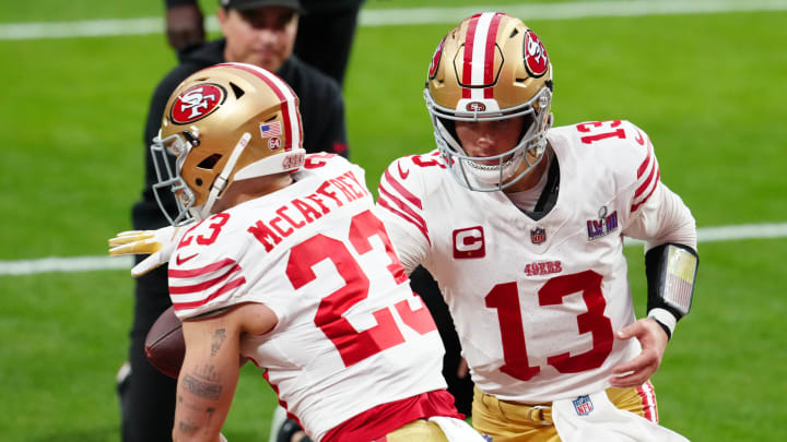 Feb 11, 2024; Paradise, Nevada, USA; San Francisco 49ers quarterback Brock Purdy (13) hands off to San Francisco 49ers running back Christian McCaffrey (23) as they warm up before playing the Kansas City Chiefs in Super Bowl LVIII at Allegiant Stadium. Mandatory Credit: Stephen R. Sylvanie-USA TODAY Sports Feb 11, 2024; Paradise, Nevada, USA; San Francisco 49ers quarterback Brock Purdy (13) hands off to San Francisco 49ers running back Christian McCaffrey (23) as they warm up before playing the Kansas City Chiefs in Super Bowl LVIII at Allegiant Stadium. Mandatory Credit: Stephen R. Sylvanie-USA TODAY Sports