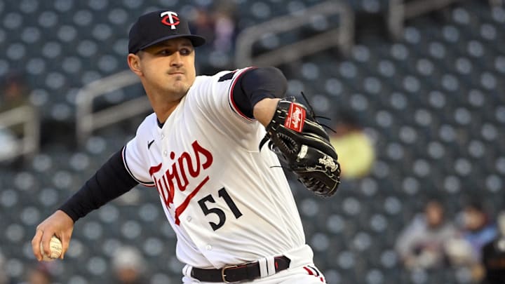 Apr 21, 2023; Minneapolis, Minnesota, USA; Minnesota Twins pitcher Tyler Mahle (51) delivers a pitch against the Washington Nationals at Target Field. Mandatory Credit: Nick Wosika-Imagn Images