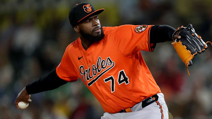 Jun 7, 2025; West Sacramento, California, USA; Baltimore Orioles pitcher Felix Bautista (74) throws a pitch against the Athletics during the ninth inning at Sutter Health Park.
