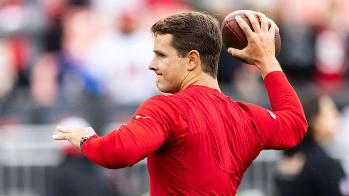 Oct 15, 2023; Cleveland, Ohio, USA; San Francisco 49ers quarterback Brock Purdy (13) throws the ball during warm ups before the game against the Cleveland Browns at Cleveland Browns Stadium. Mandatory Credit: Scott Galvin-Imagn Images