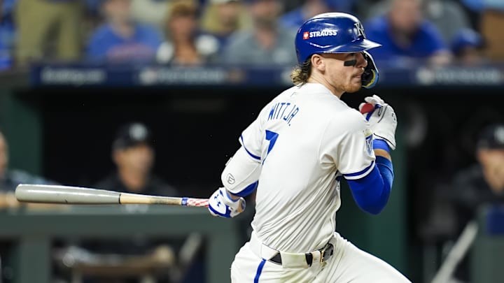 Kansas City Royals shortstop Bobby Witt Jr. (7) bats during the eighth inning against the New York Yankees in game four of the ALDS for the 2024 MLB Playoffs at Kauffman Stadium. 