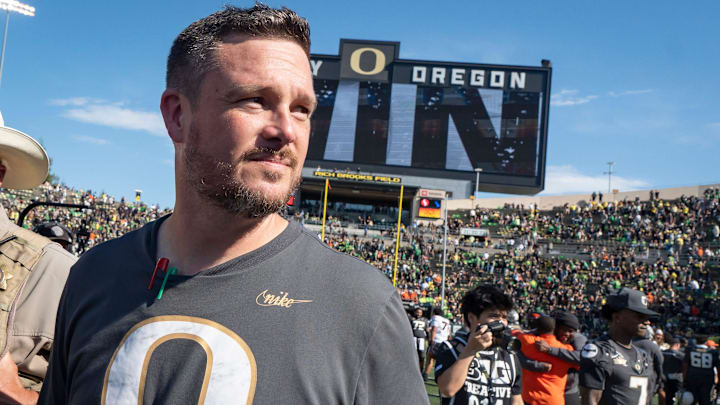 Oregon Ducks head coach Dan Lanning walks off the field as the Ducks host the Oregon State Beavers at Autzen Stadium.