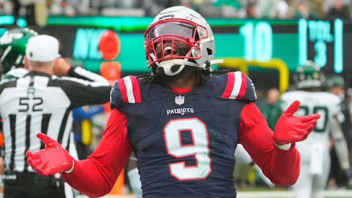  Sep 24, 2023; East Rutherford, New Jersey, USA; New York Jets quarterback Zach Wilson (2) is sacked for a safety by New England Patriots linebacker Matthew Judon (9) in the 4th quarter at MetLife Stadium. Mandatory Credit: Robert Deutsch-USA TODAY Sports
