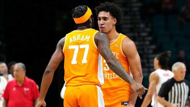 Nov 25, 2025; Las Vegas, NV, USA; Tennessee Volunteers guard Amaree Abram (77) and guard Bishop Boswell (3) react in a 2025 Players Era Festival group play game against the Houston Cougars during the first half at MGM Grand Garden Arena. Mandatory Credit: Stephen R. Sylvanie-Imagn Images Nov 25, 2025; Las Vegas, NV, USA; Tennessee Volunteers guard Amaree Abram (77) and guard Bishop Boswell (3) react in a 2025 Players Era Festival group play game against the Houston Cougars during the first half at MGM Grand Garden Arena. Mandatory Credit: Stephen R. Sylvanie-Imagn Images