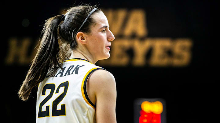 Iowa guard Caitlin Clark (22) reacts during a NCAA non-conference women's basketball game against University of Central Florida, Saturday, Dec. 18, 2021, at Carver-Hawkeye Arena in Iowa City, Iowa.
