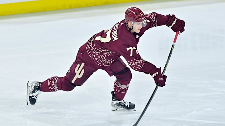 Arizona Coyotes defenseman Victor Soderstrom shoots the puck in the third period against the Vancouver Canucks.