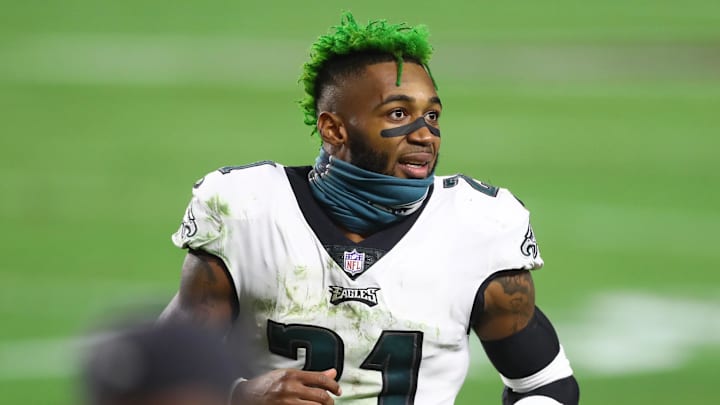 Dec 20, 2020; Glendale, Arizona, USA; Philadelphia Eagles safety Jalen Mills (21) against the Arizona Cardinals at State Farm Stadium. Mandatory Credit: Mark J. Rebilas-Imagn Images