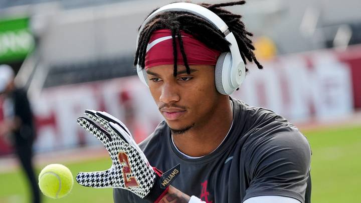 Nov 22, 2025; Tuscaloosa, Alabama, USA;  Alabama wide receiver Ryan Williams (2) does a drill catching tennis balls before the game with Eastern Illinois at Saban Field at Bryant-Denny Stadium. Mandatory Credit: Gary Cosby Jr.-Imagn Images