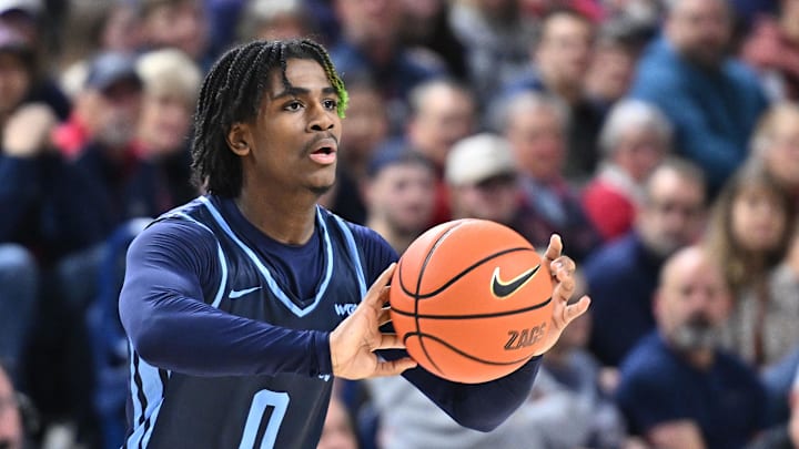 Jan 8, 2025; Spokane, Washington, USA; San Diego Toreros guard Kjay Bradley Jr. (0) passes the ball during a game against the Gonzaga Bulldogs in the second half at McCarthey Athletic Center.