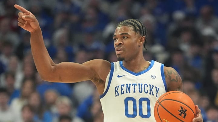 Kentucky's guard Otega Oweh (00) brings the ball up court against Oklahoma Wednesday night at Rupp Arena.
Feb. 4, 2026