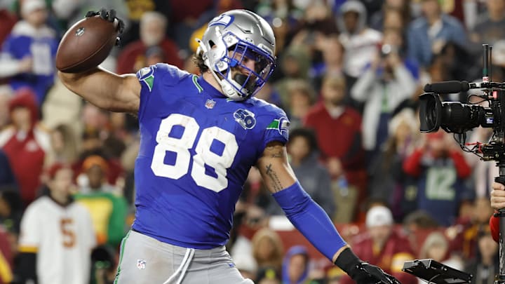Nov 2, 2025; Landover, Maryland, USA; Seattle Seahawks tight end AJ Barner (88) celebrates scoring a touchdown against the Washington Commanders during the second half at Northwest Stadium. Mandatory Credit: Amber Searls-Imagn Images