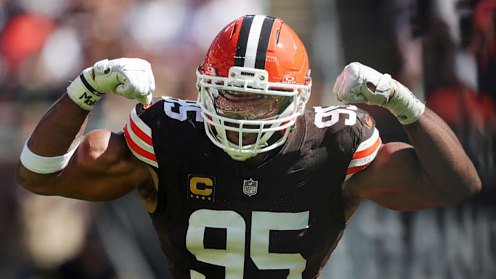 Cleveland Browns defensive end Myles Garrett celebrates after sacking Cincinnati Bengals quarterback Joe Burrow on Sept. 7, 2025, in Cleveland. Cleveland Browns defensive end Myles Garrett celebrates after sacking Cincinnati Bengals quarterback Joe Burrow on Sept. 7, 2025, in Cleveland.