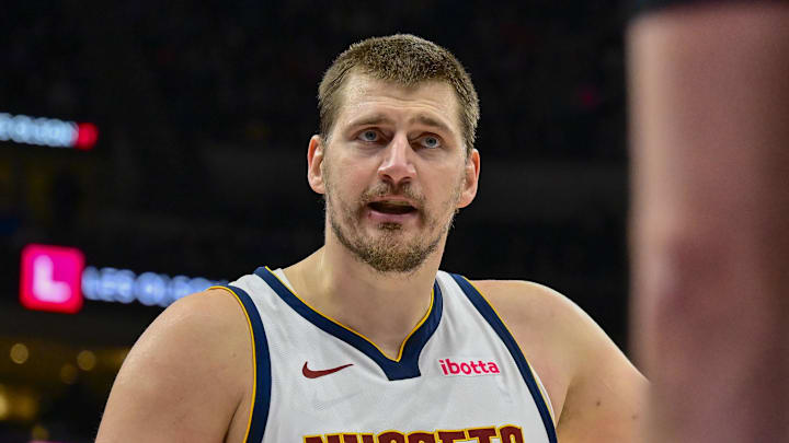 Mar 2, 2026; Salt Lake City, Utah, USA; Denver Nuggets center Nikola Jokić (15) questions the referee call during the second half against the Utah Jazz at Delta Center.