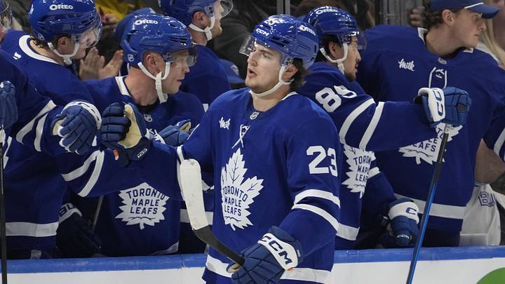 Oct 28, 2025; Toronto, Ontario, CAN; Toronto Maple Leafs forward Matthew Knies (23) celebrates scoring against the Calgary Flames during the second period at Scotiabank Arena. Mandatory Credit: John E. Sokolowski-Imagn Images