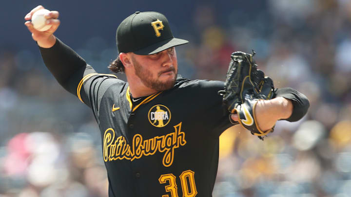 Aug 24, 2025; Pittsburgh, Pennsylvania, USA;  Pittsburgh Pirates starting pitcher Paul Skenes (30) pitches the Colorado Rockies during the second inning at PNC Park. Mandatory Credit: Charles LeClaire-Imagn Images