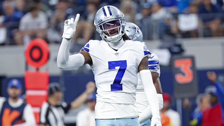 Oct 23, 2022; Arlington, Texas, USA;  Dallas Cowboys cornerback Trevon Diggs (7) reacts during the first quarter against the Detroit Lions at AT&T Stadium. Mandatory Credit: Kevin Jairaj-Imagn Images