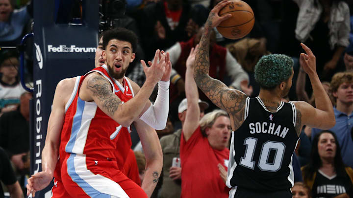 Mar 1, 2025; Memphis, Tennessee, USA; Memphis Grizzlies guard Scotty Pippen Jr. (1) reacts after a travel call during the fourth quarter against the San Antonio Spurs at FedExForum. Mandatory Credit: Petre Thomas-Imagn Images