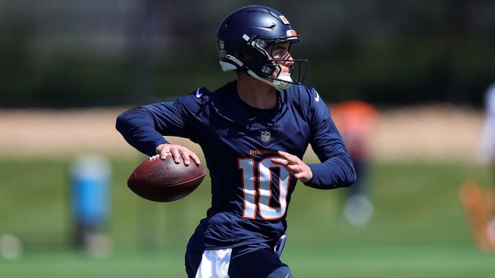 May 23, 2024; Englewood, CO, USA; Denver Broncos quarterback Bo Nix (10) during organized team activities at Centura Health Training Center. 