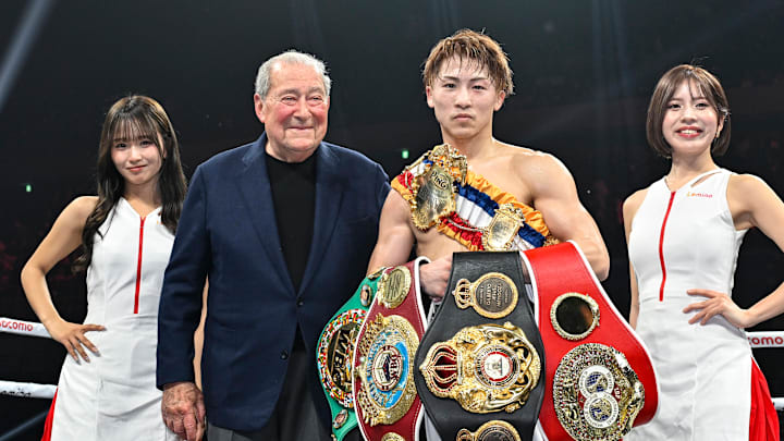 Naoya Inoue celebrates with boxing promoter Bob Arum after defending the world super-bantamweight title at Ariake Arena in Tokyo, Japan on January 24, 2025.